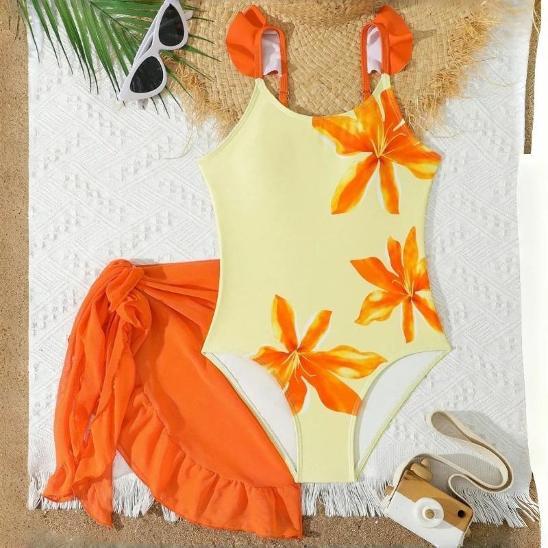 Badeanzug für Mädchen (Tween) mit Blumendruck, 2-teilig, Sommer-Badebekleidung für Urlaub & Strand, Kinder-Mädchen-Badeanzug, Farbe Orange, 8 Jahre bis 12 Jahre