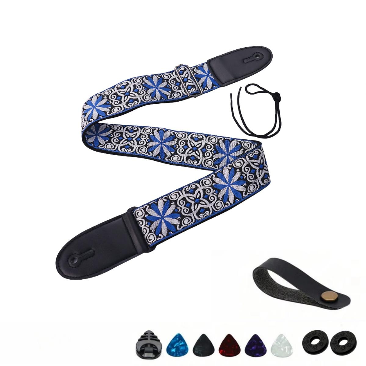 10 шт. Вышитый принт Гитарный ремень Винтажный этнический стиль Регулируемый ремень для гитары В комплекте 5 медиаторов и 1 держатель