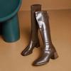 Fashion Spring Autumn Elegant Heeled Square Toe Leather Women's Long Boots Demi-season Gothic Trend 2025 Pu Ladies Knee High Shaft Shoes