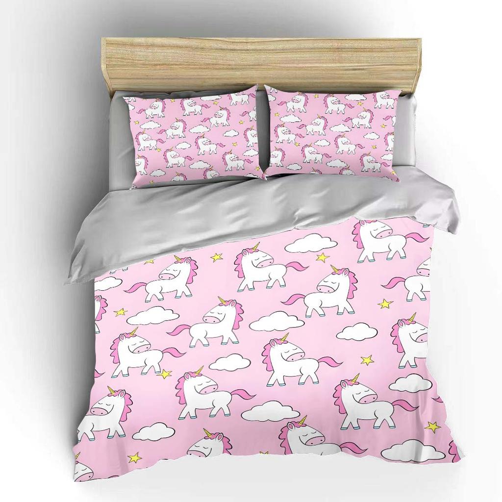Unicorn Clouds Stars Pink Background Print Bedding Set 1 Duvet Cover 2 Pillowcases For Adult And Children Luxury Gift Full Size