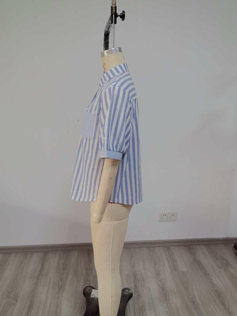 2026 Spring/Summer Women's Plus Size Blue & White Striped Loose Short-Sleeve Casual Shirt