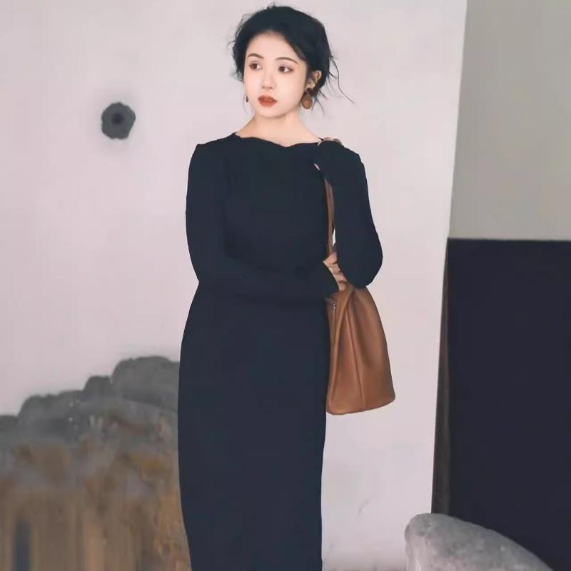 Autumn new women's clothing cold department unique chic knitted long dress high-end black dress