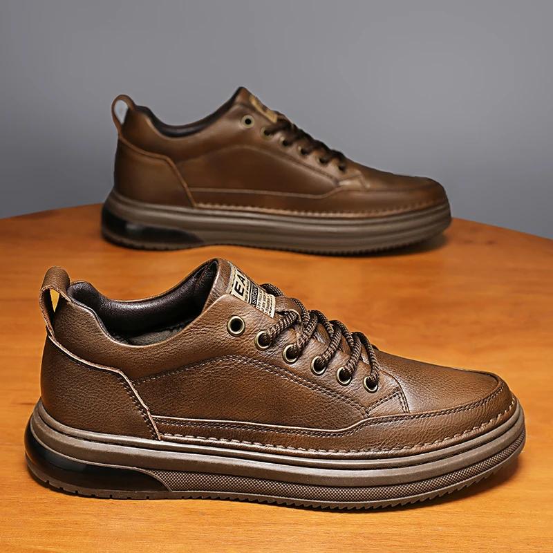 Fashion Genuine Leather Men Casual Shoes Non-Slip Leisure Walk Sneakers Fashion Driving Walking Tennis Shoes for Man Outdoor Skate Flats