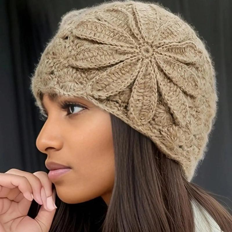1pc Handmade Crochet Flower Knit Beanie Hat for Women, Warm Winter Slouchy Cap