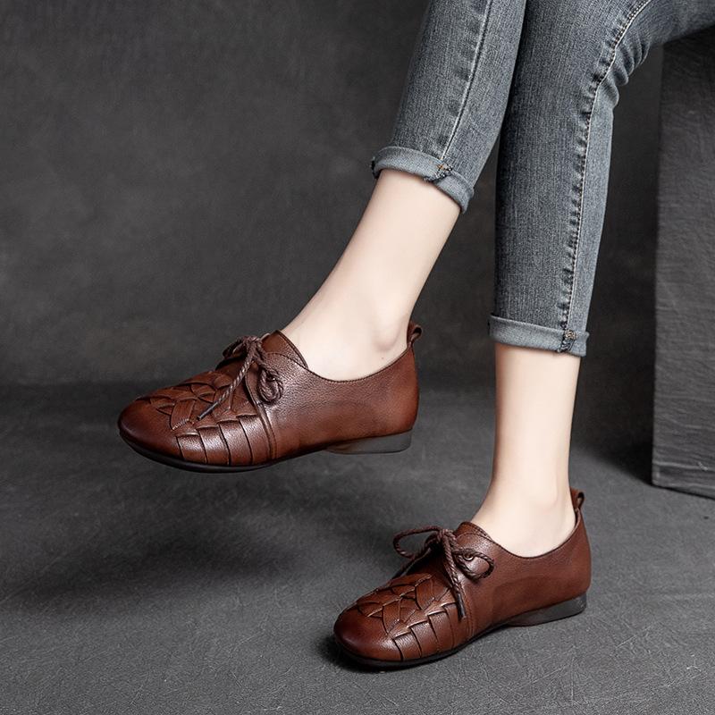 Herbst Neue Vintage Handgeflochtene Schnürung Flache Mokassins Erste Schicht Rindsleder Lässige Damenschuhe
