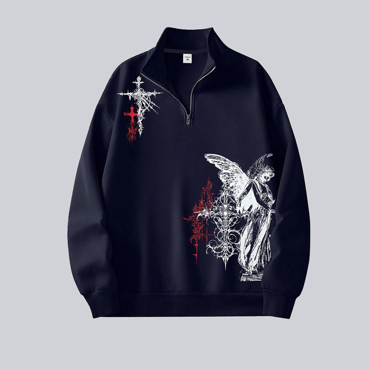 

Mens Quarter-Zip Pullover Long Sleeve Mock Neck Sweatshirt Unsex Y2K Gothic Printed Vintage Tops XXL темно-синього кольору