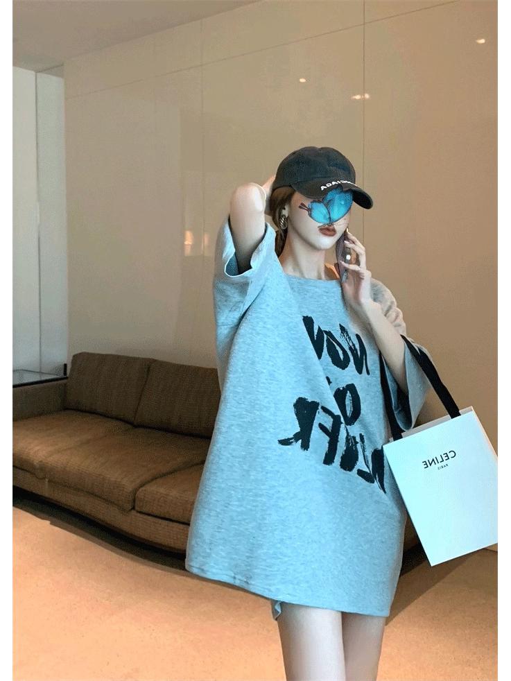 Women's Khaki Retro Plus Size Short Sleeve T-shirt - Summer Casual Loose Mid-Length Design with Letter Print