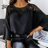 Women Shirt Lady Top Crochet Solid Color Round Neck Winter Lace Stitching Hollow Fall for Work Blouse