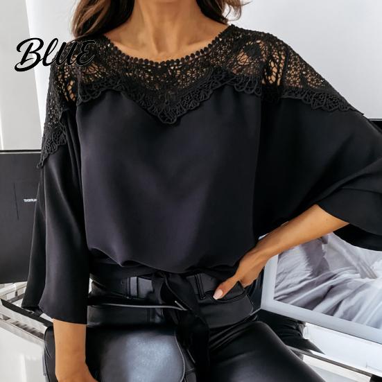Women Shirt Lady Top Crochet Solid Color Round Neck Winter Lace Stitching Hollow Fall for Work Blouse