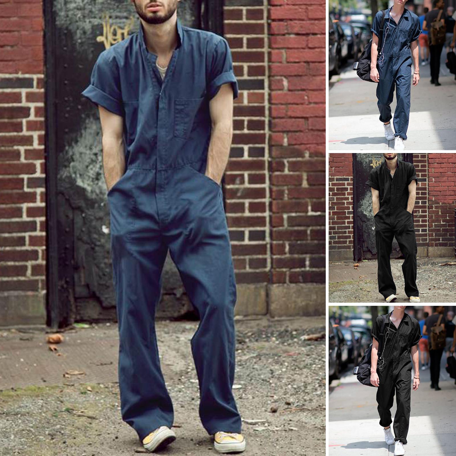 

Мужской однотонный комбинезон с короткими рукавами и молнией с рабочими лацканами