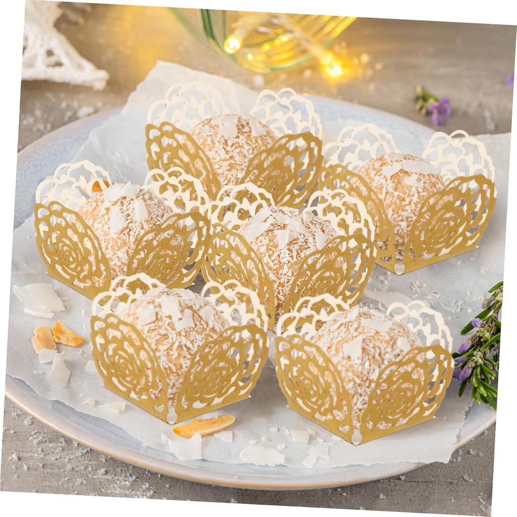 50pcs Hollow Rose Lace Paper Truffle Cups, Gold Cupcake Liners for Brigadeiro, Chocolate and Mini Candy, Ideal for Wedding, Party Dessert Table