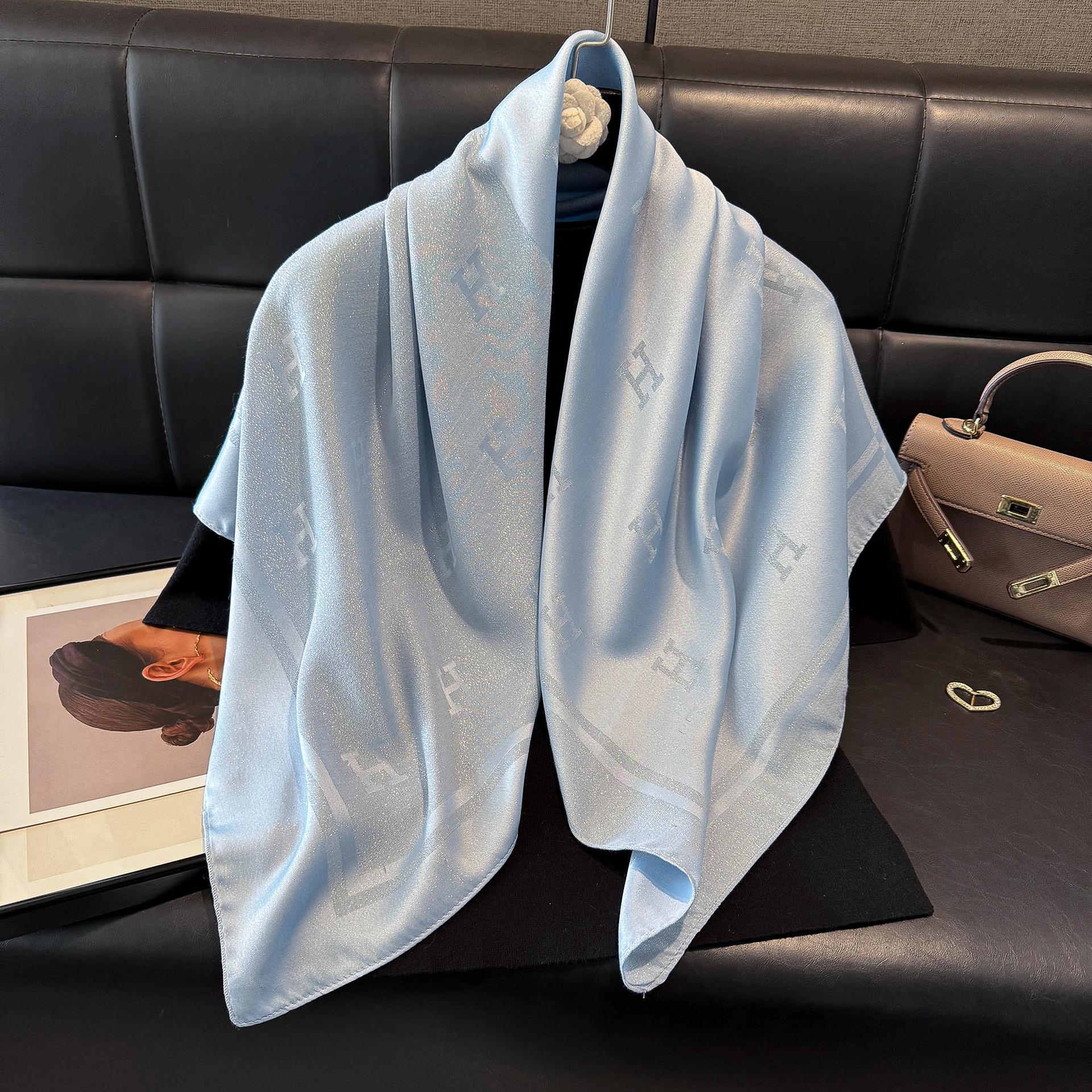 Классический шарф из шелка с темпераментом H Женский трендовый универсальный шарф из тенселя и хлопка, имитирующий шелк, шарф 90 квадратный шарф 90*90 светло-синий