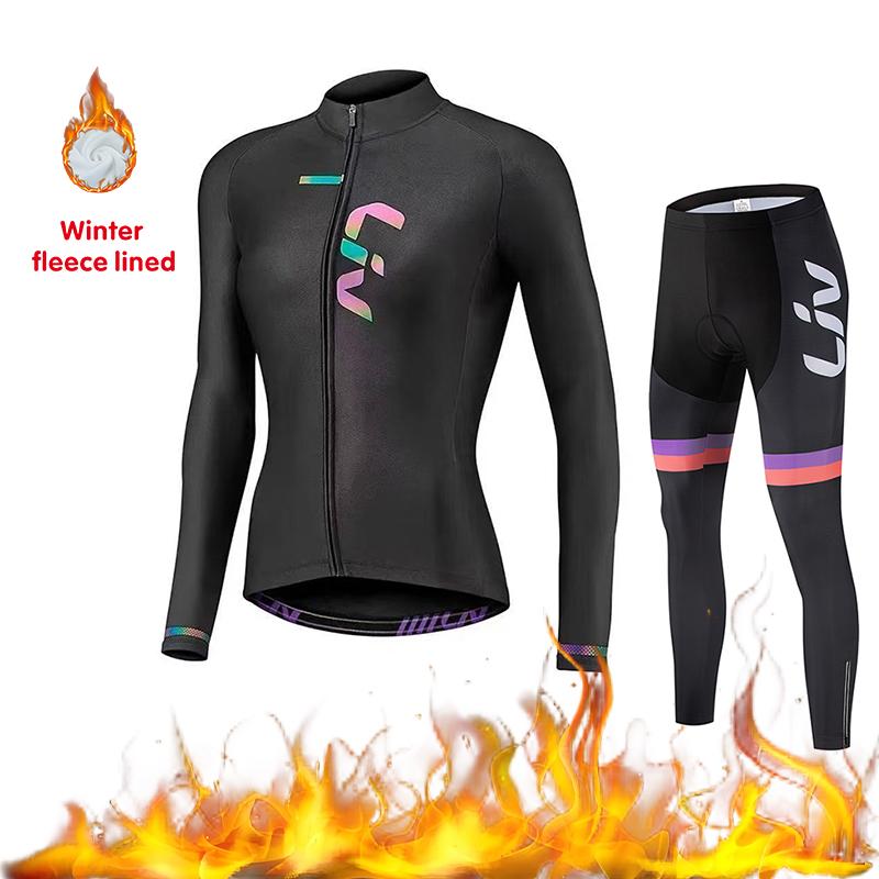 

2026 Women s Cycling Suit Set Winter Velvet Long Sleeved Cycling Jersey Knitted Sweater Cycling Bib Warm Cycling Sports Shir 4XL