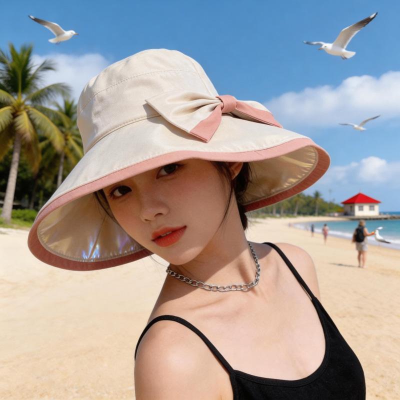 Fisherman's Hat Women's Colored Glue Sunscreen Bow Splicing UV Protection Basin Hat Big Edge Sun Hat