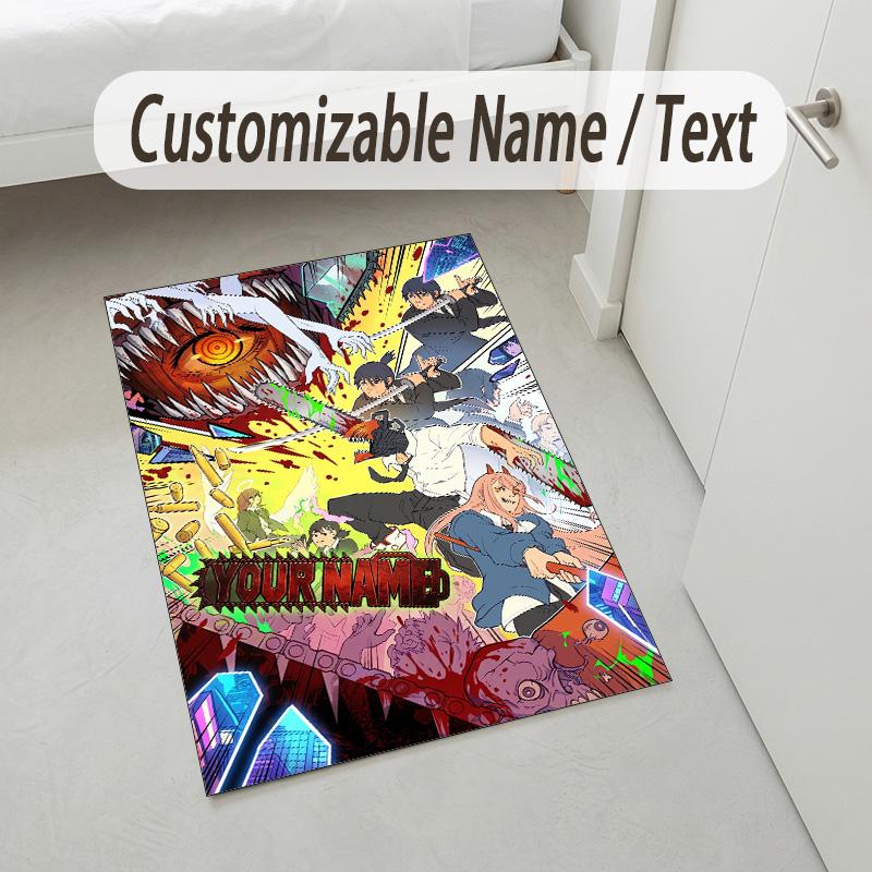 Personalized Crystal Velvet Carpet,Chainsaw Man Custom Printed Name, Plush Area Rug For Home Indoor Decor
