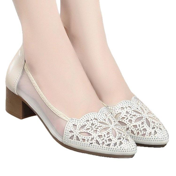 Rhinestone Bag Head Sandals Women's 2025 New Thick Heel Single Shoes Soft Sole Shallow Mouth Fashion Women's High-end Mesh Sandals