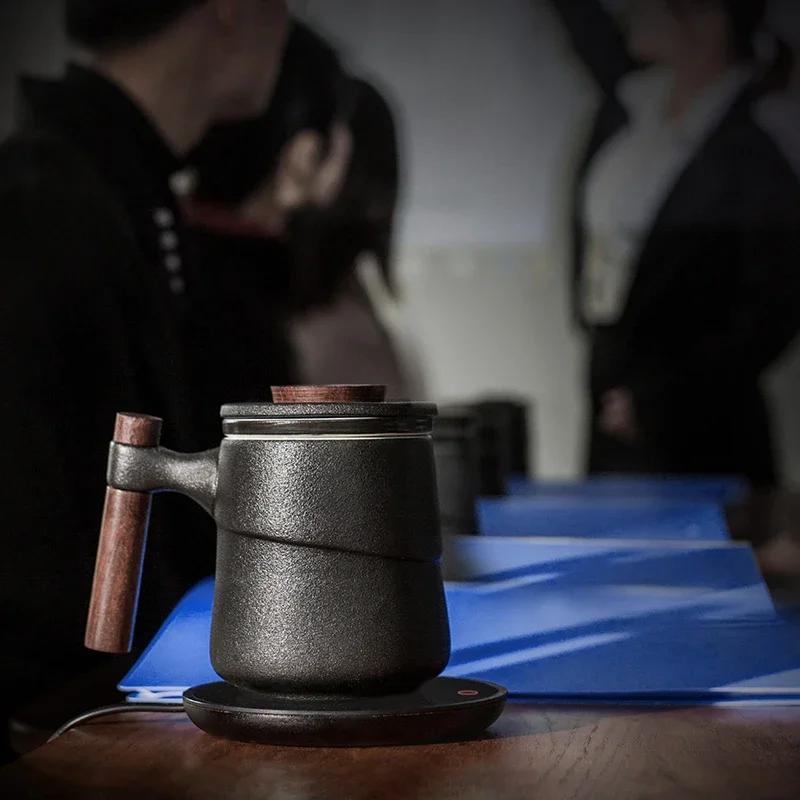 Black Ceramic Cup Wooden Handle Filter Tea Cup Ceramic Mug Creative Office Retro Elegant Water Cups and Mugs Aesthetic China Set Birthday Gift Box