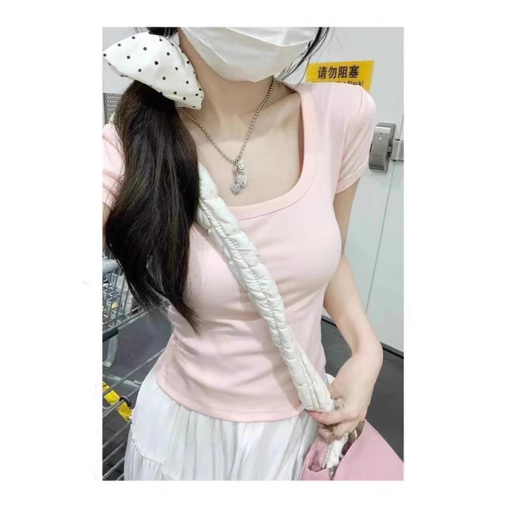 Pure desire sweet u-neck short-sleeved front shoulder T-shirt women's summer design sense chic tight figure versatile Spice Girl short top