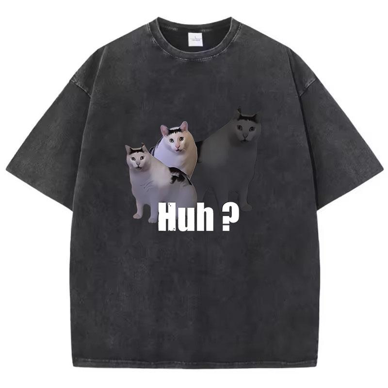 T Shirt Vintage Washed Cotton T-Shirt Black Cat Saying Huh? Graphic Tee Casual Streetwear Spring Summer Fall