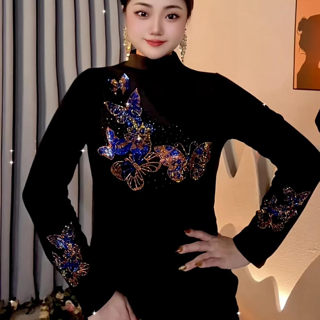 V-Neck Thermal Velvet Long-Sleeve Top with Hot Drill Detailing - Trendy Autumn/Winter Base Layer for Women.