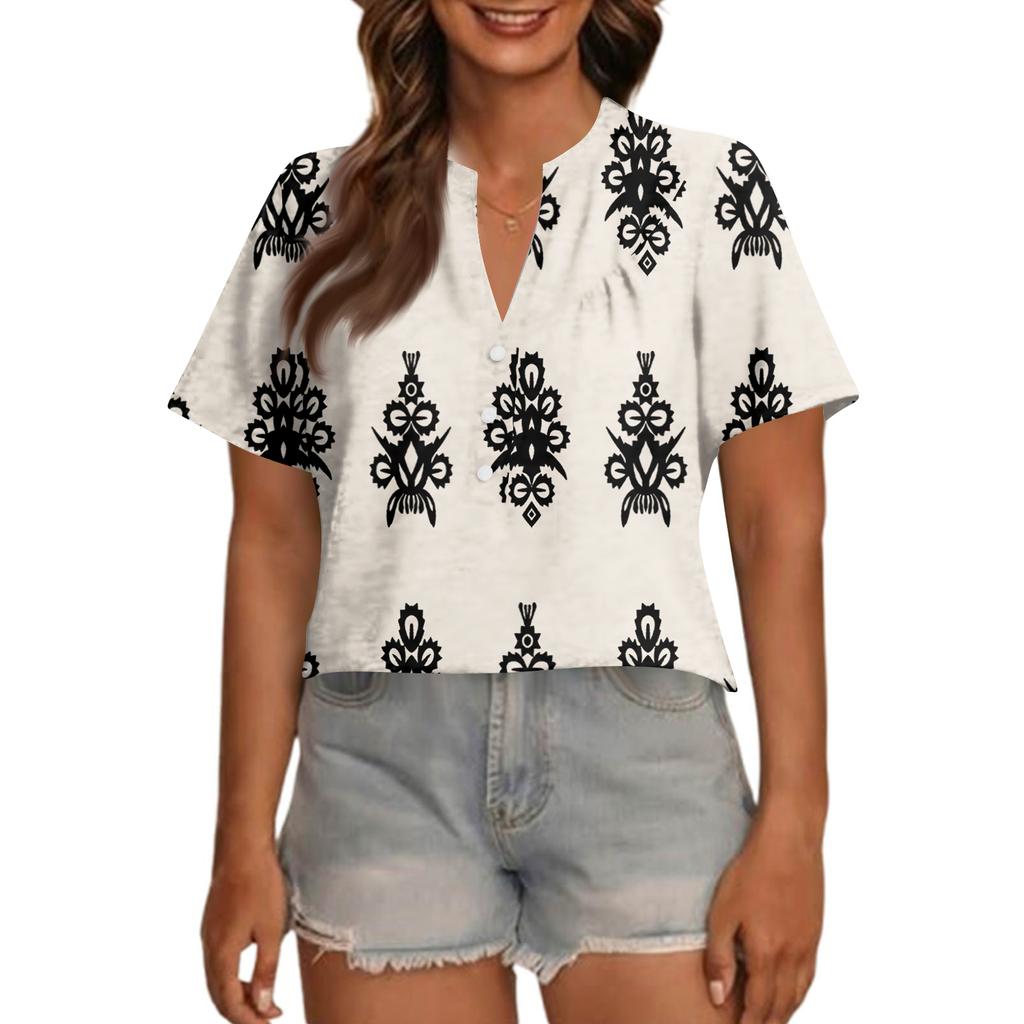 Modisches, lässiges Damen-Top mit V-Ausschnitt, Knopfleiste, Oversize-Schnitt, kurzen Ärmeln und Print