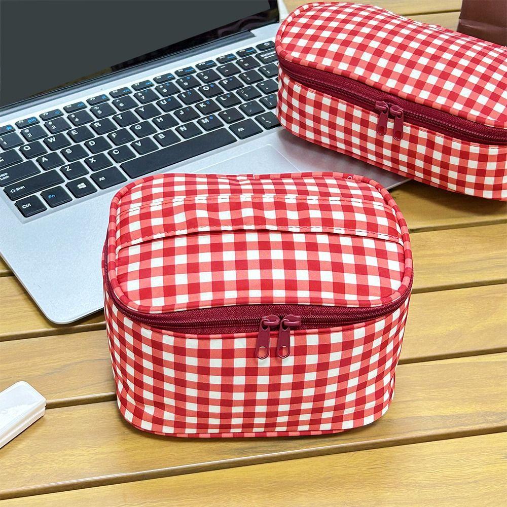 Multifunctional Plaid/Polka Dot Patterns Storage Bag Large Capacity Double Zipper Makeup Bag Portable Pencil Pouch