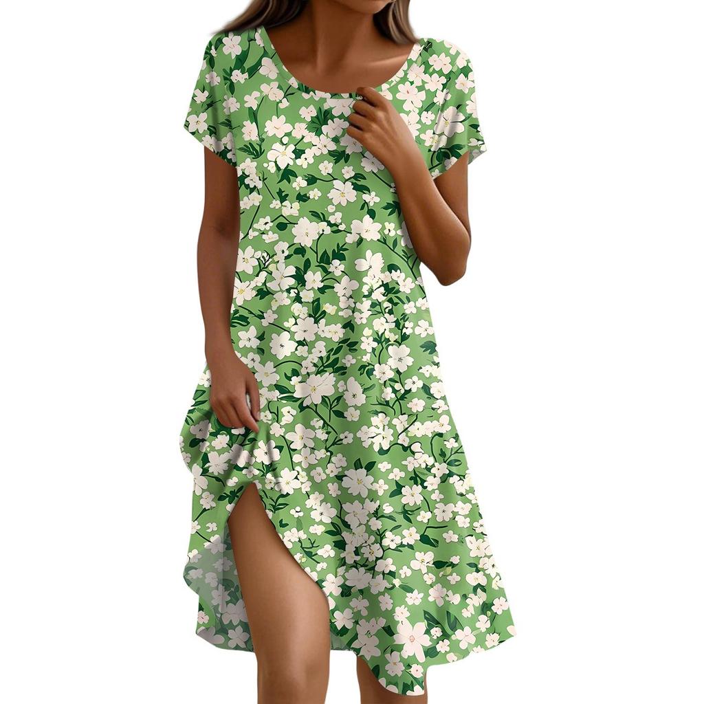 Short Sleeve Boho Dress For Women Casual Loose Fit Sundress Print Round Neck Dress With Pockets