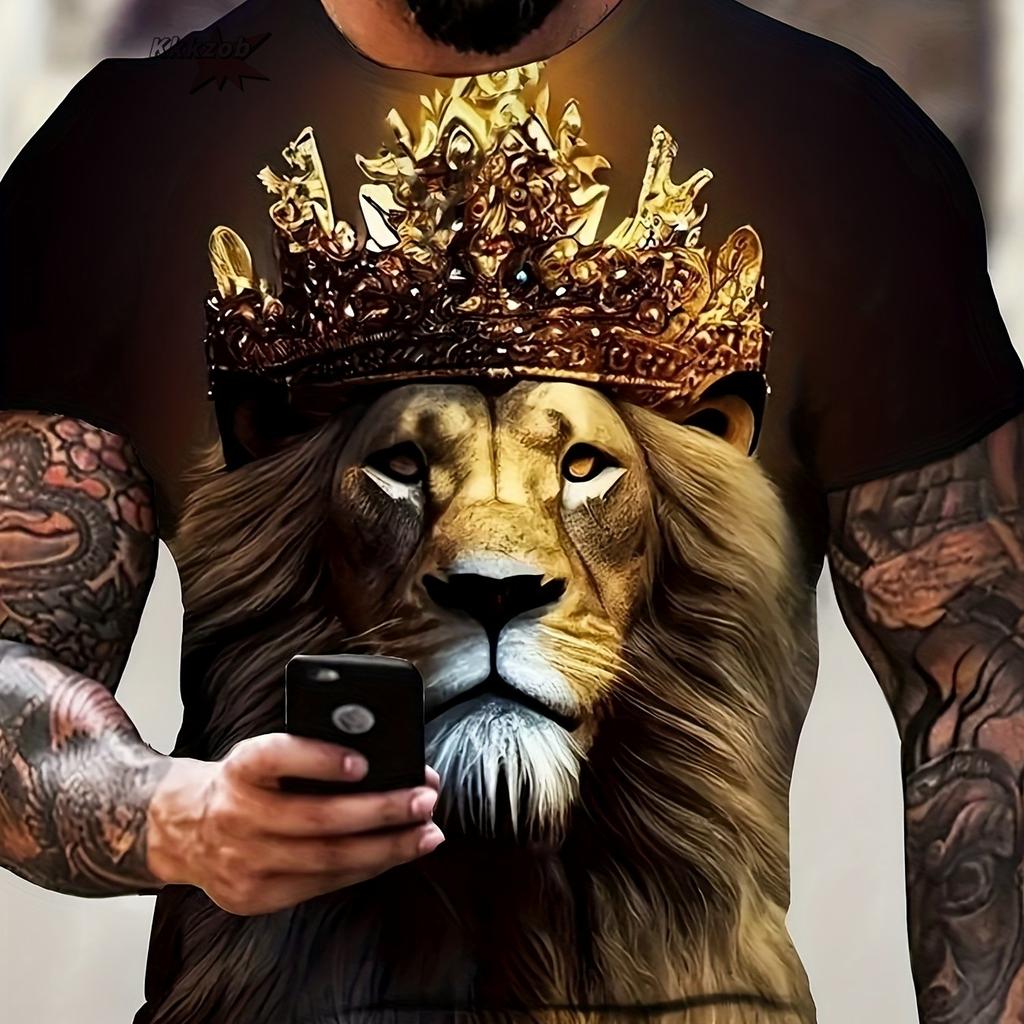 Bella T-shirt da uomo a maniche corte con scollo rotondo, stampa 3D con leone, moda casual da strada, taglia grande, T-shirt sportiva