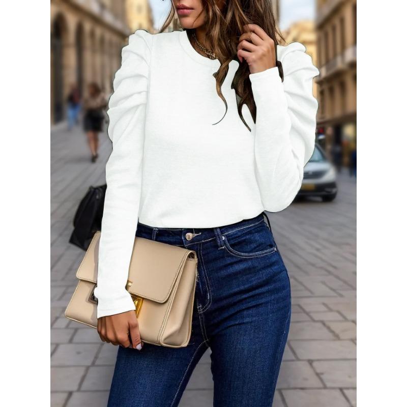 Women S Long Sleeve Puff Sleeve Crew Neck Solid Color Casual T Shirt