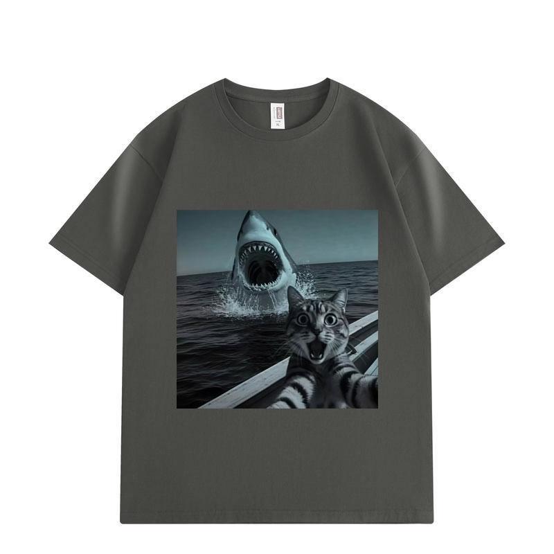 Selfie Chat avec Requin T-shirts Graphiques Drôles Hommes Femmes Mode Vintage Manches Courtes T-shirts Été Lâche Coton T-shirt