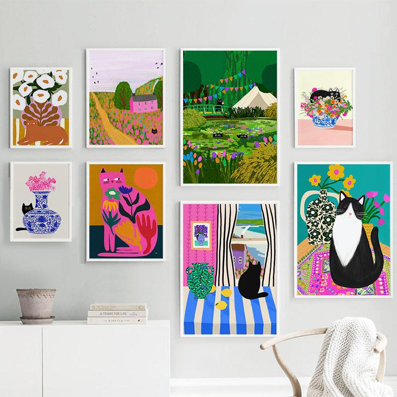 Fashion Colorful Cat Vase Leaf Flower Illustration Wall Art Canvas Painting Abstract Plant Posters Prints Pictures for Kids Room