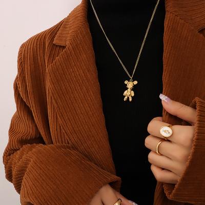 Korean New Necklace Hip-Hop Letter Bear Pendant Collarbone Chain, Titanium Steel Plated 18K Gold Non-Fading Necklace Jewelry