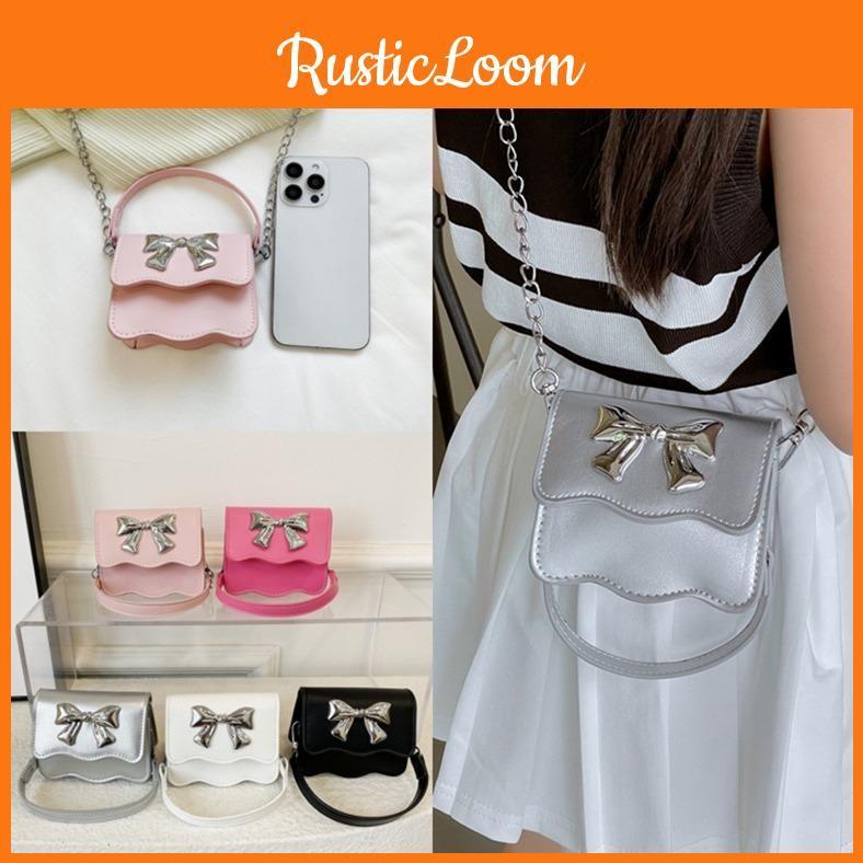 Cute Color Solid Silver Bow Decoration Kid Mini Shoulder Chain Bag Daily For