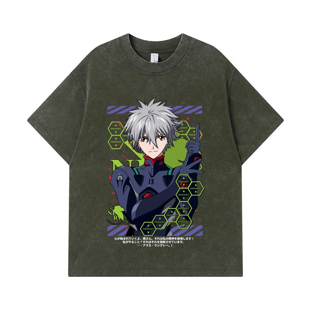 275 GSM Washed T-shirts 100% Cotton Evangelion V5 Kagoru Print Unisex Heavy Cotton T Shirt