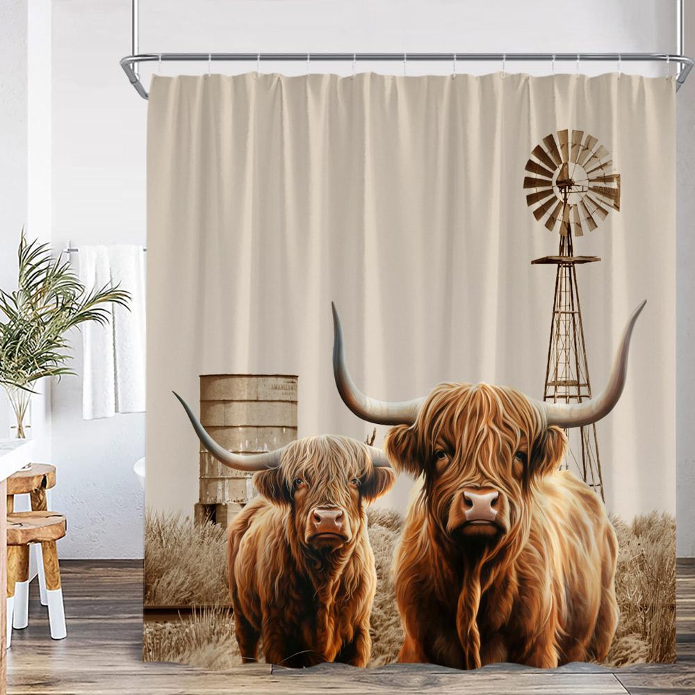 Highland Cow Farmland Shower Curtains Countryside Scenery Funny Animals Bathroom Decorations Grassland Polyester Bath Curtain