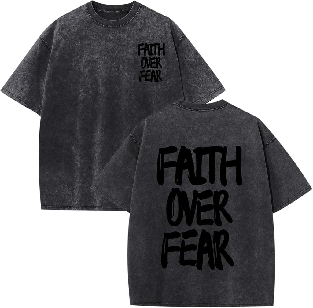 Shirts for Men Faith Over Fear Shirt Oversized Graphic Tees Acid Wash God T-Shirt