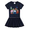 Summer Cartoon Raglan Color Block Short Sleeve Pleated Dress for Girls