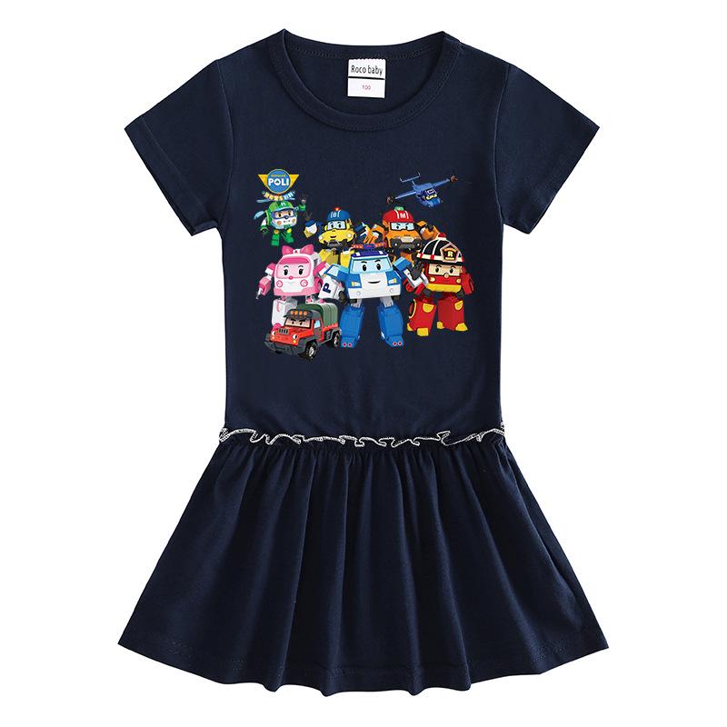 Summer Cartoon Raglan Color Block Short Sleeve Pleated Dress for Girls