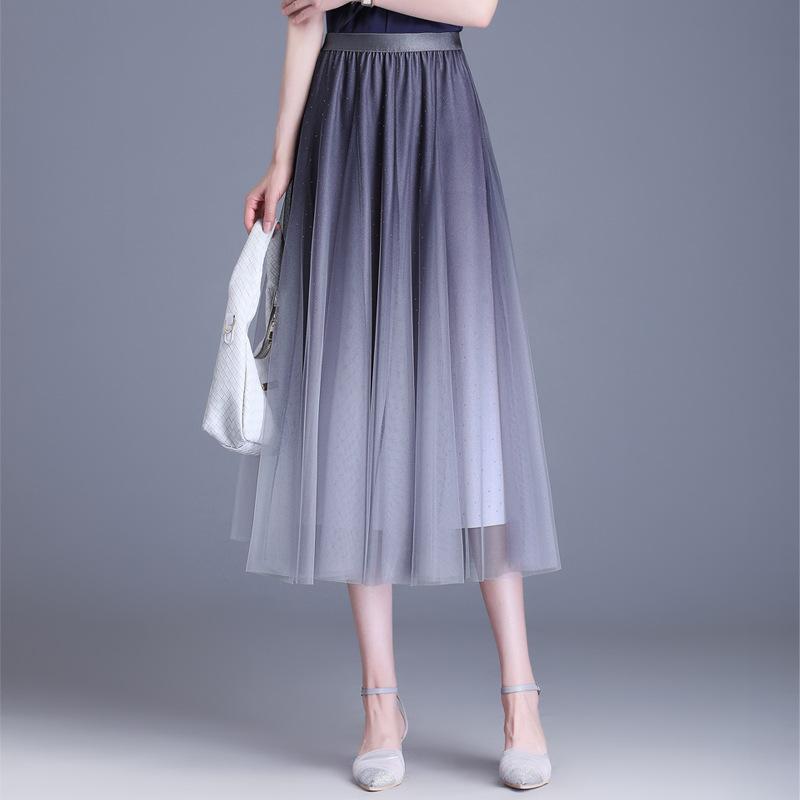 Lila Faltenrock auf beiden Seiten Damen Sommer Pendel Mesh Rock Einfarbig Langer Rock Ein Wort Damen Drapieren Rock 2024