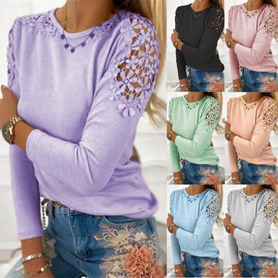 Women Fashion Pure Color Slim Lace Hollow Long Sleeve T-Shirt Soft and Comfortable Thin Loose Casual Tops