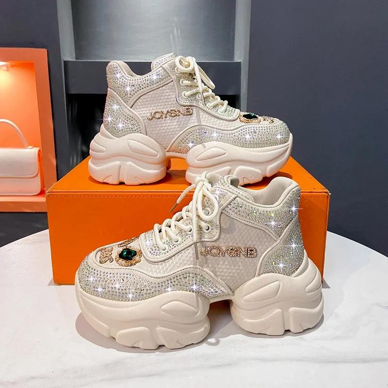 Fashion New Casua Platform Sneakers Blue Woman Sneakers Shoes Femme Tenis Luxury Tennis Crystal Decorate Women Cross Lace-up Shoes