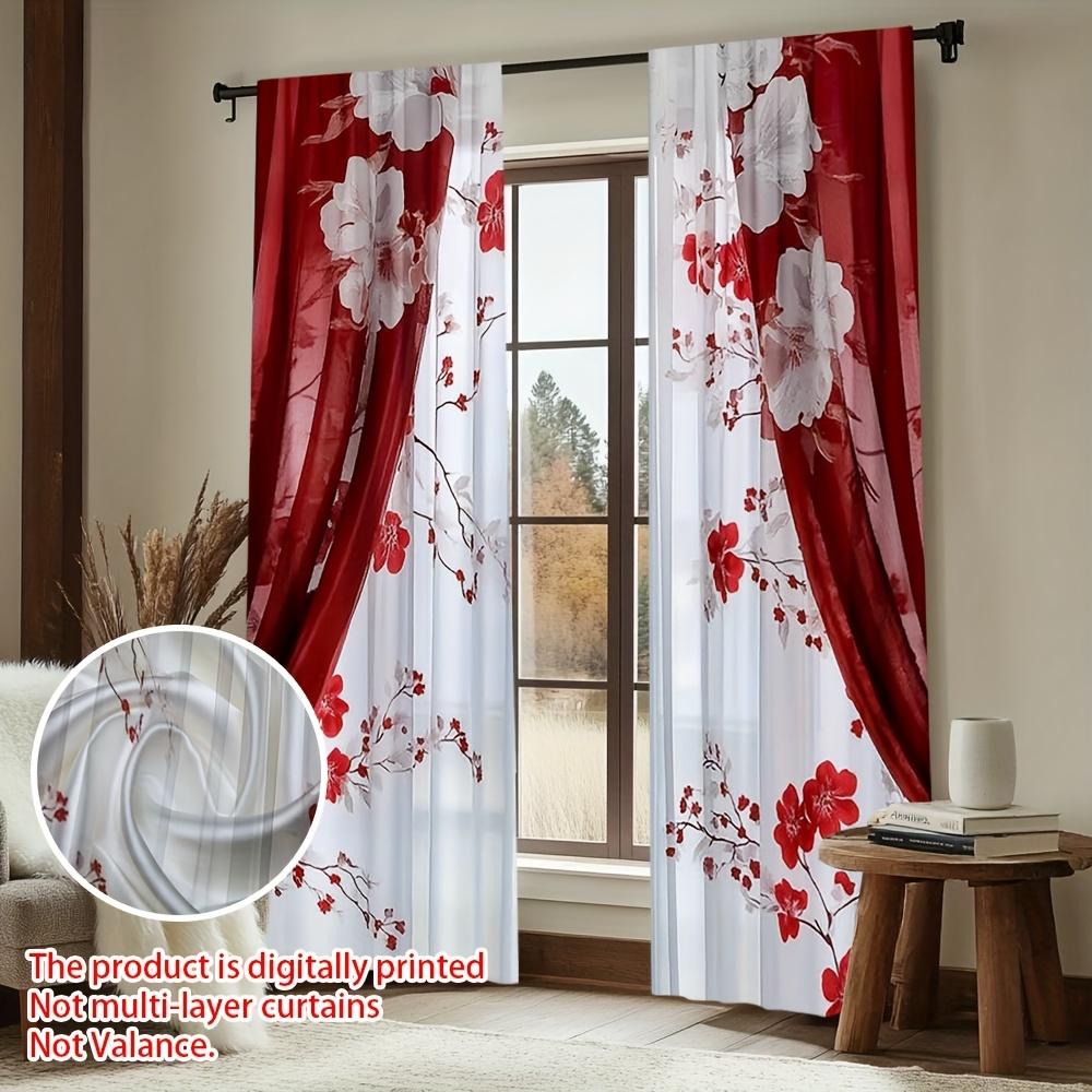 Set aus 2 eleganten roten festlichen Vorhängen mit luxuriösem Blumendruck für Esszimmer, Schlafzimmer, Wohnzimmer mit Stangentasche aus Polyester, ideal für
