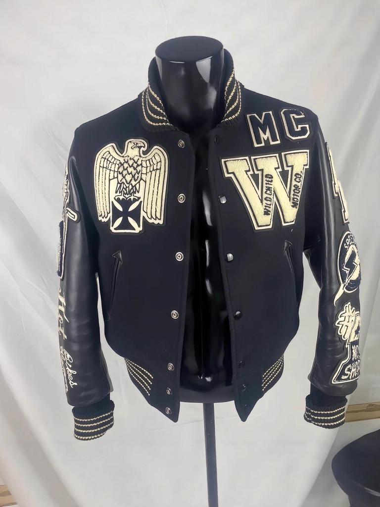 American Skull Knight Slim Fit Stand Collar Leather Baseball Jacket
