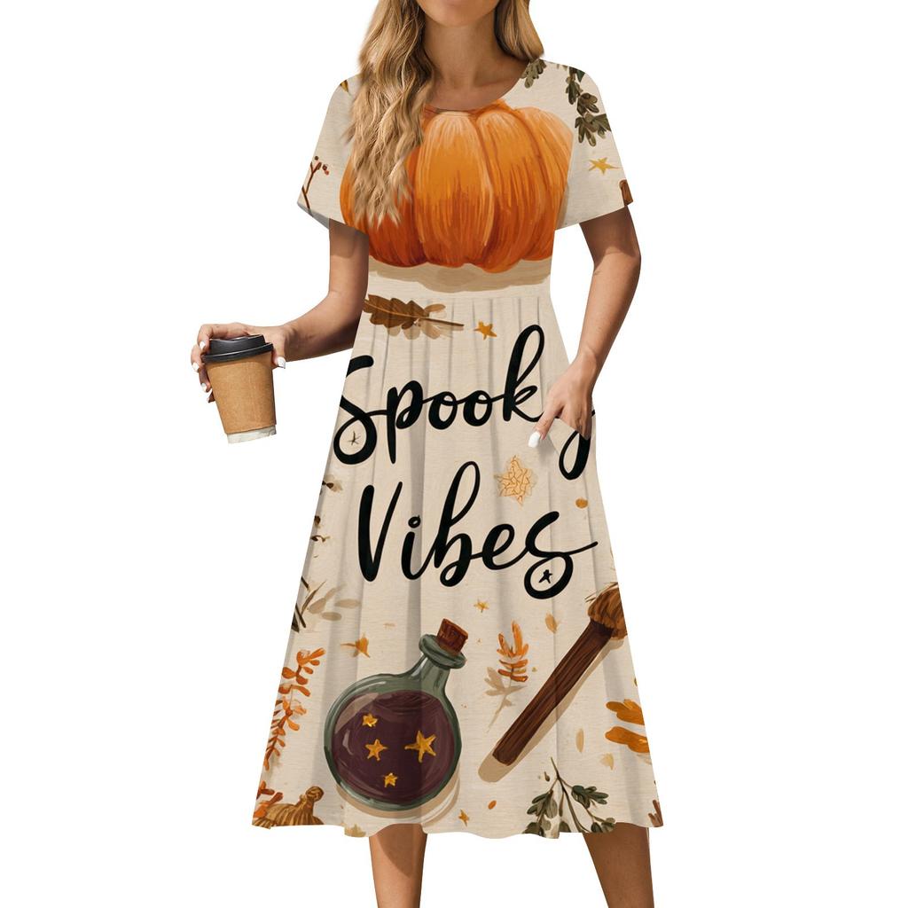 Damen Casual Mode Halloween Bedrucktes Kurzarm Rundhalskleid