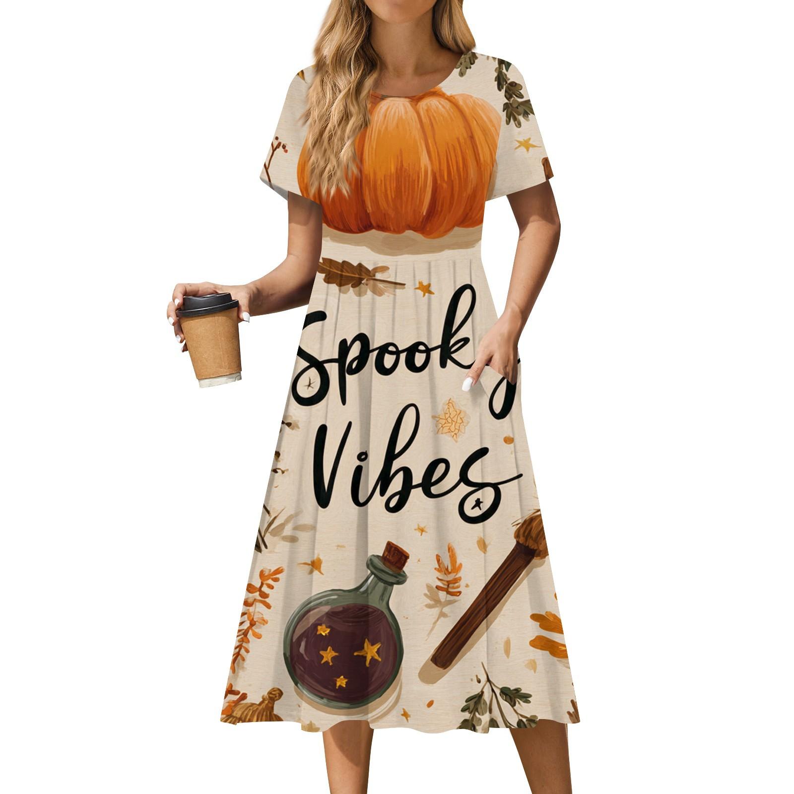 

Women s Casual Fashion Halloween Printed Short Sleeve Round Neck Dress XXL