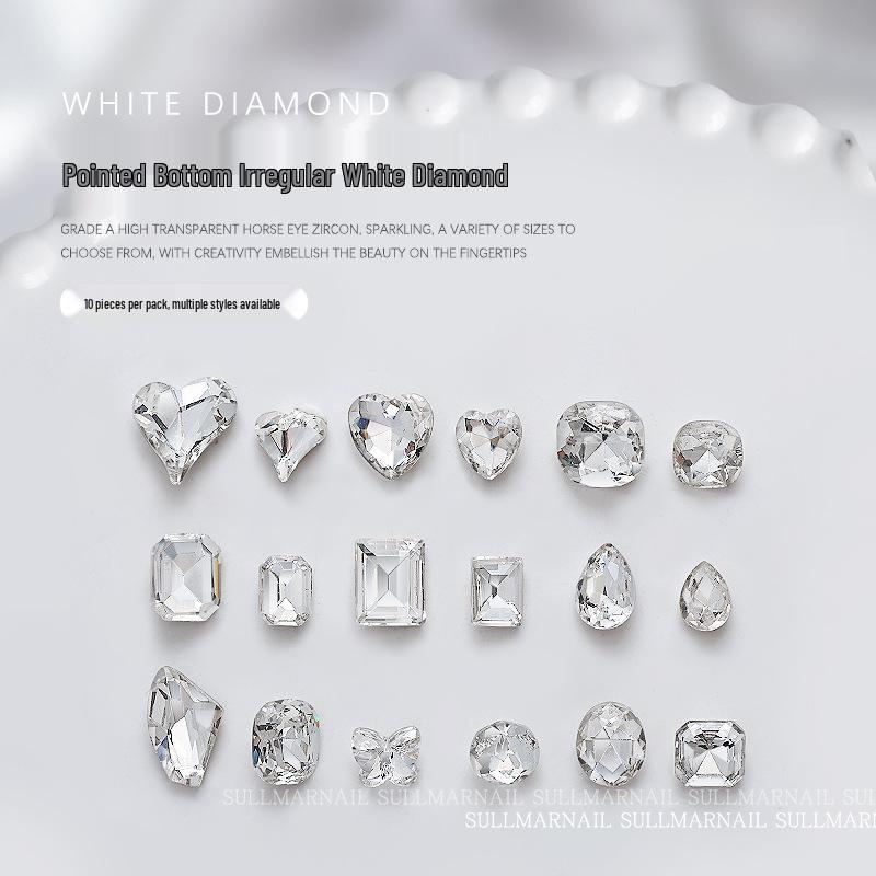 10-Piece Nail Art Set: Pointed Bottom Heart, Crooked Heart, White Diamond, Peach Heart, Square Transparent Rhinestones for Nail Decoration