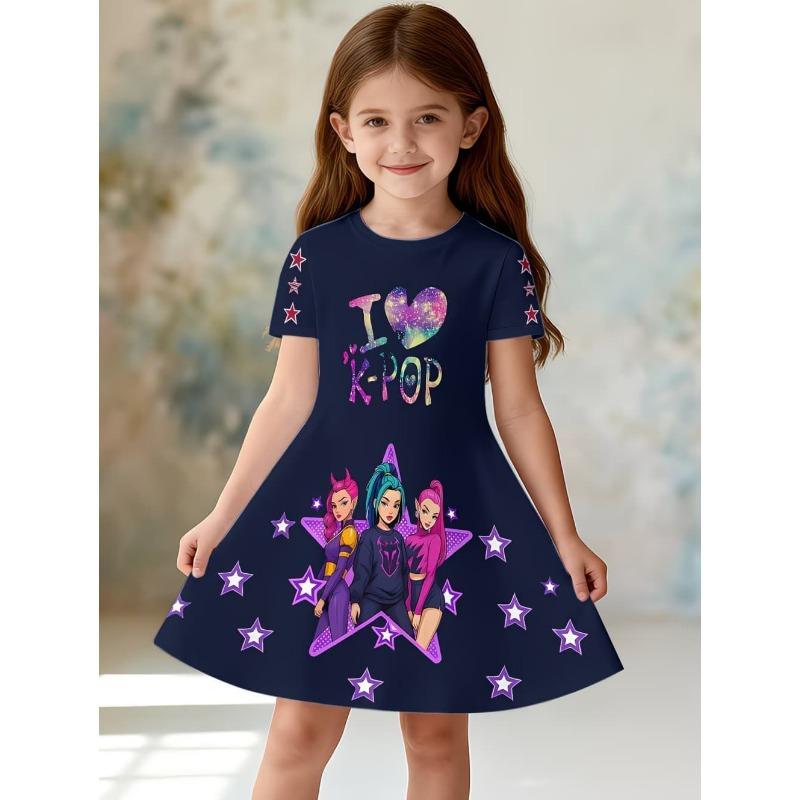 Dress for Girls Kpop Cartoon Graphic Funny Gift for Fan Harajuku Girl Clothes Summer Tops Short Sleeve Dress Children's Clothing