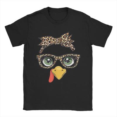 Leopardenmuster Truthahn-Gesicht Thanksgiving Brille T-Shirt Herren Lustig 100% Baumwolle T-Shirts Rundhals Kurzarm T-Shirts Sommer Oberteile