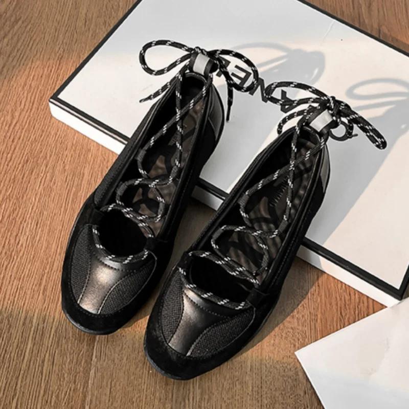 

Дизайнерские повседневные туфли на плоской подошве для женщин, универсальные, на перекрестной шнуровке, балетки, уличные, для подиума, дышащие, Мэри Джейн, женские 40 чёрный