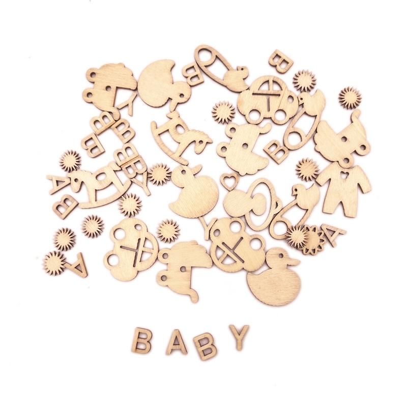 100Pcs Mini Laser Cuts Wood Shape Baby Pram Rocking Horse Pacifier for Home Party Decoration Craft Project